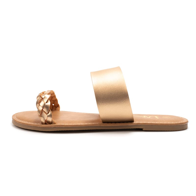 LM Women's Braided Slide Sandals Open Toe Two Band Slip On Flat Sandals Casual Summer Sandals (Gold, 9) - Image 2